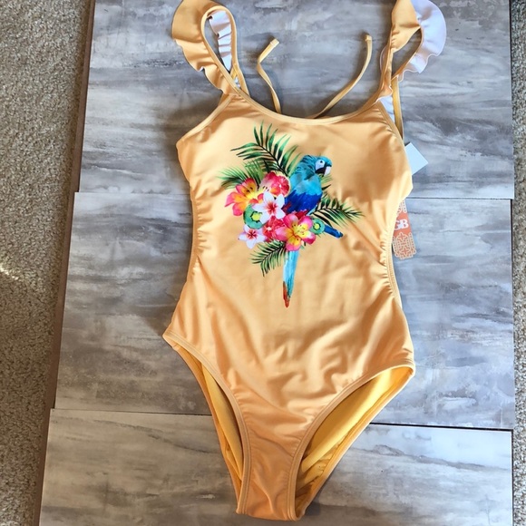 Gianni Bini Yellow Parrot One Piece bathing suit swim medium blue green pink - Picture 3 of 8